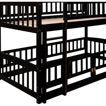 Bunk Bed with Slide,Twin Over Twin Low Bunk Bed with Fence and Ladder for Toddler Kids Teens Espresso
