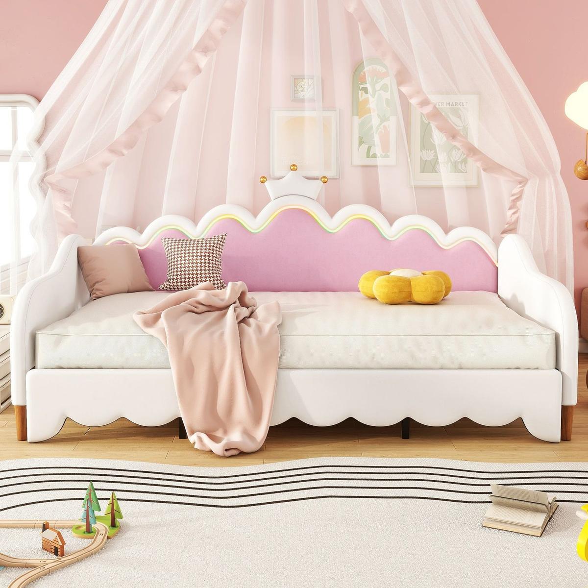 Twin Extending Daybed with LED Lights, Modern Upholstered Princess Daybed With Crown Headboard,White - Streamdale Furniture