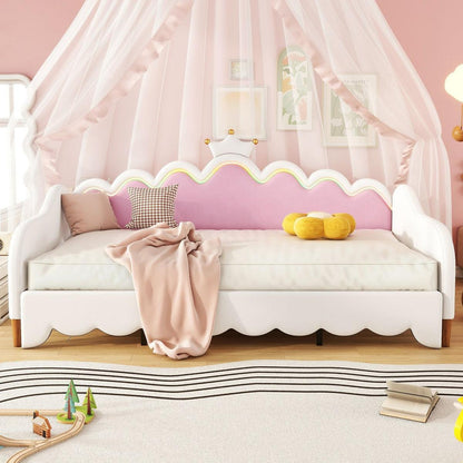 Twin Extending Daybed with LED Lights, Modern Upholstered Princess Daybed With Crown Headboard,White - Streamdale Furniture