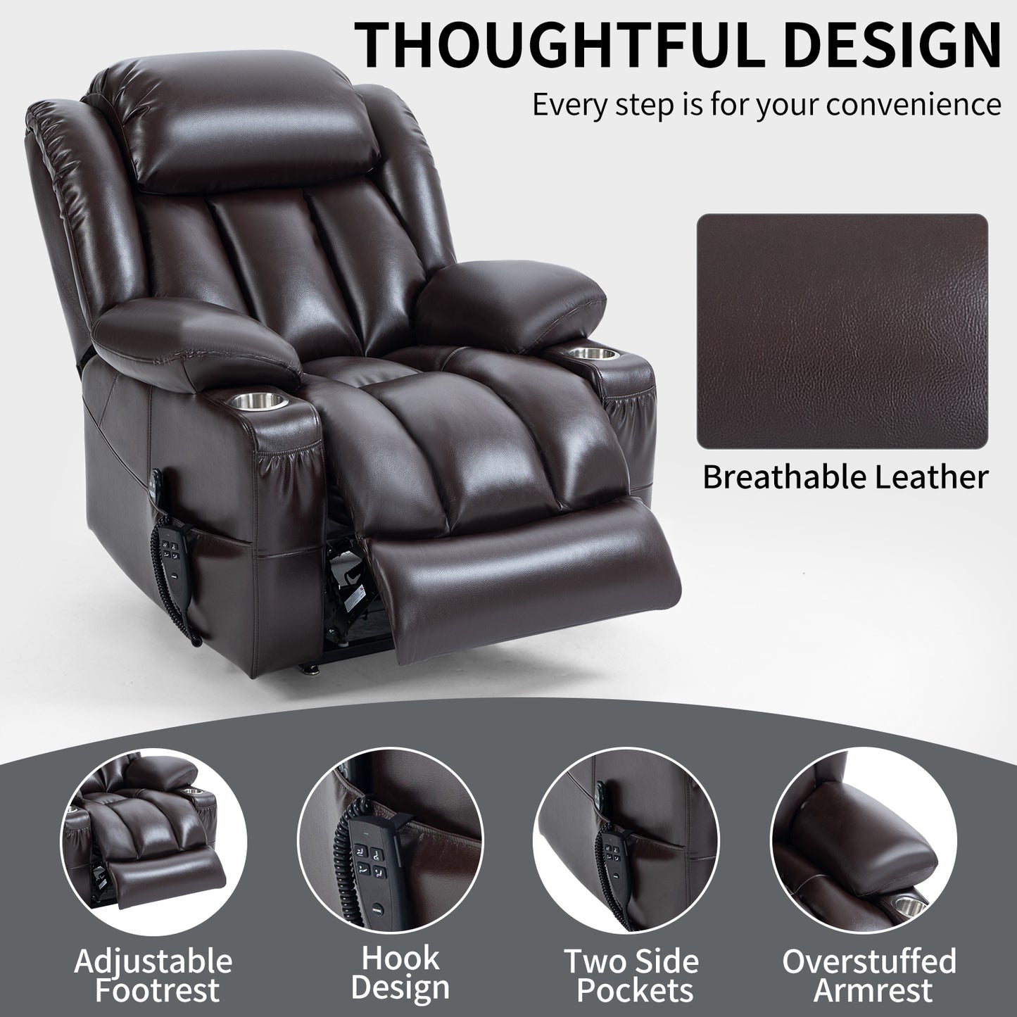 Dual Motor Infinite Position Up to 350 LBS Leatheraire Power Lift Recliner Chair, Heavy Duty Motion Mechanism with 8-Point Vibration Massage and Lumbar Heating, Stainless steel Cup Holders, Brown