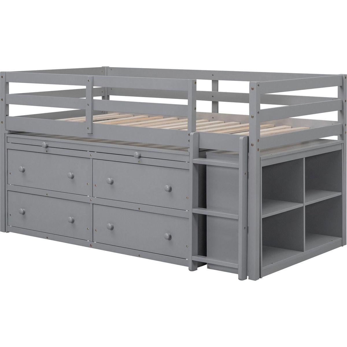 Twin Size Loft Bed with Retractable Writing Desk and 4 Drawers, Wooden Loft Bed with Lateral Portable Desk and Shelves, Gray