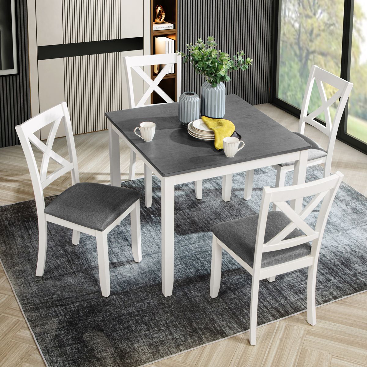 5-Piece Dining Table Set with 4 Chairs, Modern Wood Dining Table Set for 4,  4-Person Dining Table Set for Small Place, Kitchen, Dining Room, Grey & White two tone
