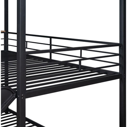 Twin Over Twin Metal Bunk Bed, Metal Housebed With Slide,Three Colors Available.(Black with Black Slide)