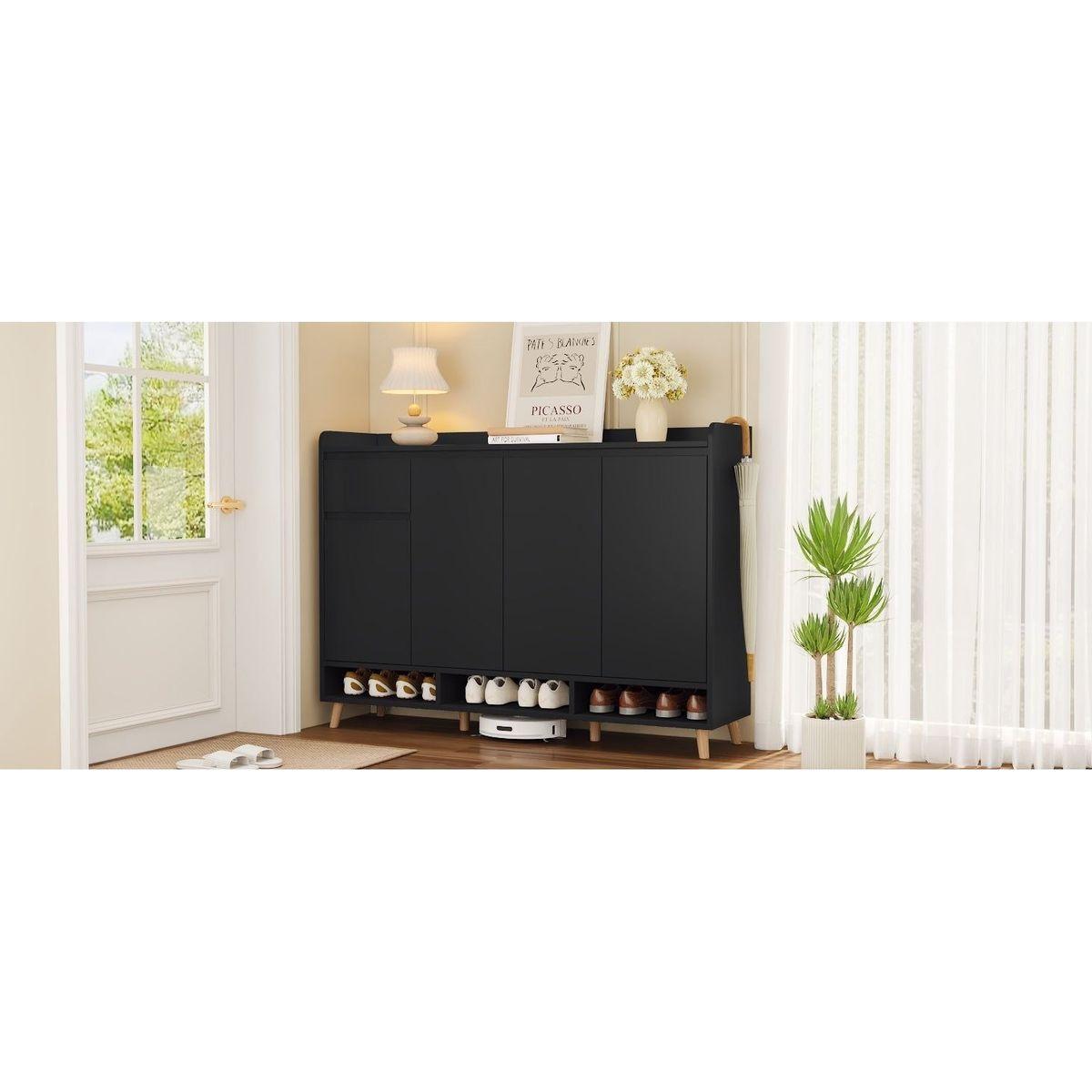 Sleek and Contemporary Shoe Cabinet with Adjustable Shelves, Minimalist Home Organizer with Solid Wood Legs, Storage Sideboard for Entryway, Living Room, Black