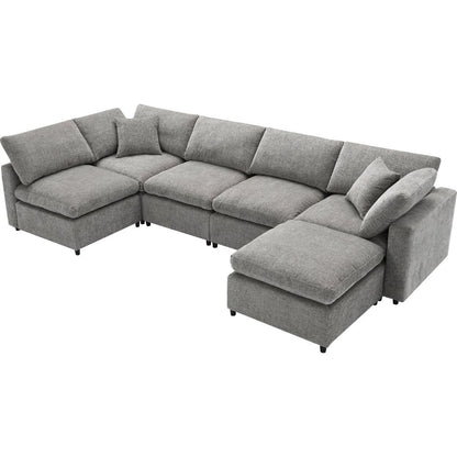 130x65" Modern Modular Cloud Sofa Bed, 6 Seat Chenille Sectional Couch Set with Ottoman,Free Combination,Convertible U Shaped Sleeper Sofa for Living Room, Apartment, 3 Colors