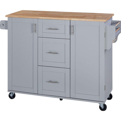 Rolling Kitchen Island with Storage, Kitchen Cart with Rubber Wood Top, 3 Drawer, 2 Slide-Out Shelf and Internal Storage Rack, Kitchen Island on Wheels with Spice Rack & Tower Rack, Grey Blue