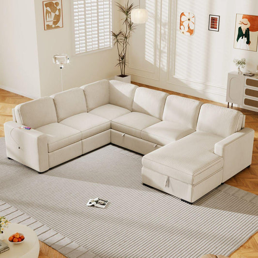U_Style U-shaped Corduroy Combination Corner Sofa with Storage Lounge Chair, 6-seater Oversized Sofa, With USB interfaces,Suitable for Living Room, Office, and Spacious Space(old sku: WY000383AAA)