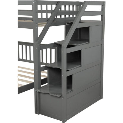 Twin over Full Loft Bed with Staircase,Gray