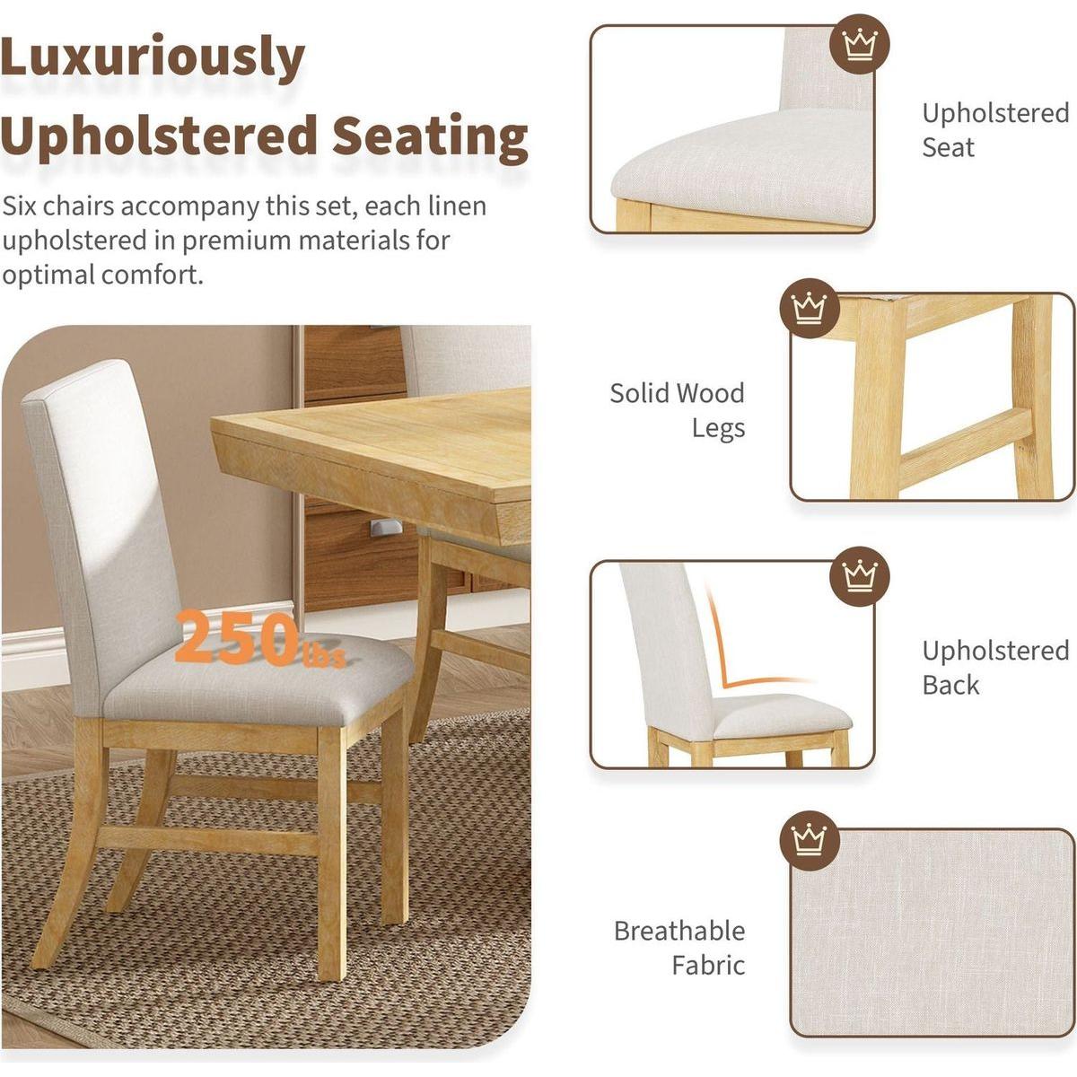 Traditional 7-Piece 72" Extendable Dining Table Set with 12inch Butterfly Leaf and 6 Upholstered Dining Table Set, Natural