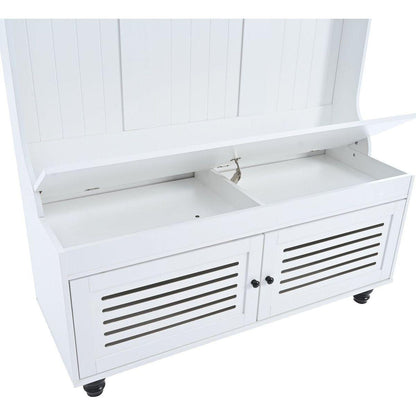 5-in-1 Entryway Bench with Shutter-shaped doors, Coat Rack, Cushion and 4 Sturdy Hooks, 47.2" Wide Hall Tree with Storage Bench for Hallway, Entryway, Living Room