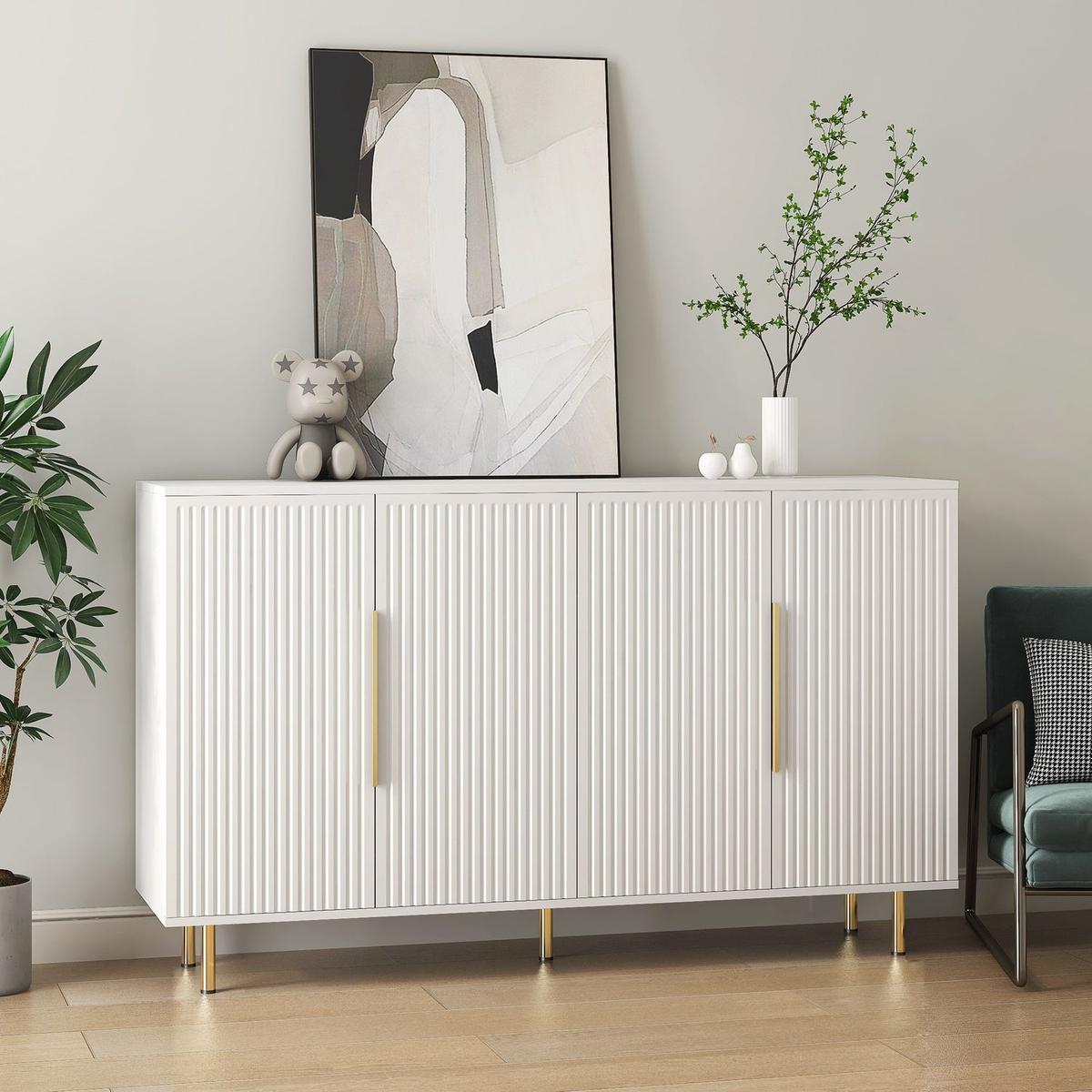 White Modern Buffet Cabinet with Storage, Fluted Sideboard Large Buffet with Adjustable Shelves, Credenza, Accent Cabinet Console Table