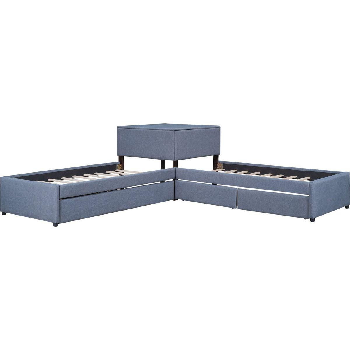 L-shaped Upholstered Platform Bed with Trundle and Two Drawers Linked with built-in Desk,Twin,Gray