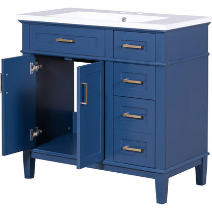 36-inch Bathroom Vanity with Resin Sink, Modern Bathroom Cabinet in Blue, Featuring Two Soft Close Doors and Four Drawers