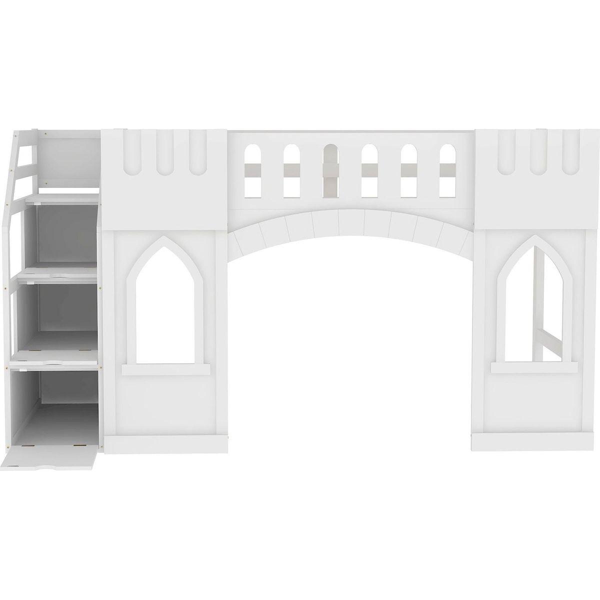 Twin Size Loft Bed with Storage Staircase and Window, White