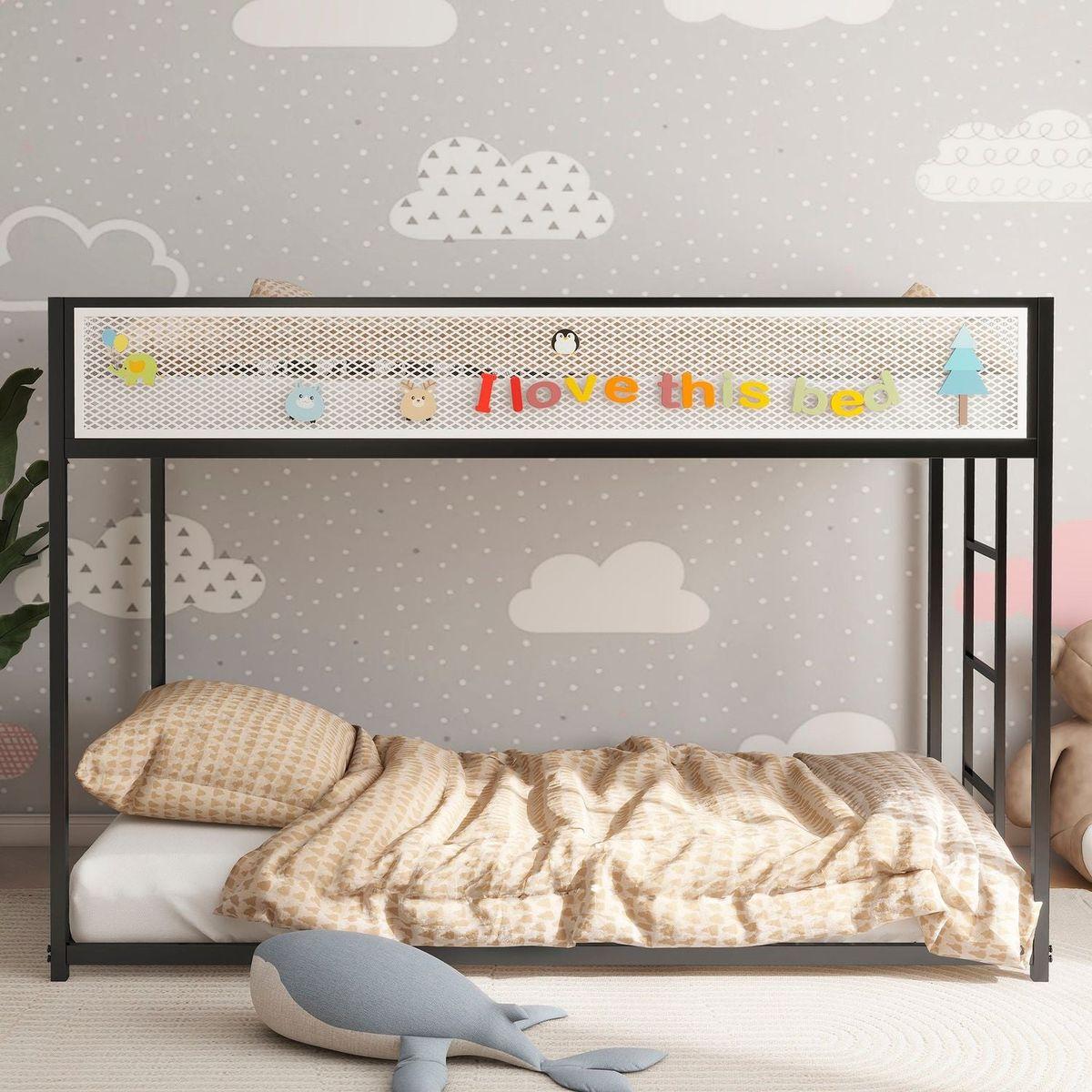 Adam Twin Twin Bunk Black with White Mesh Guard Rail for Kids and Adult, Low Profile and Easy Climbing with Stable Ladder