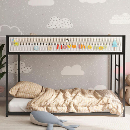 Adam Twin Twin Bunk Black with White Mesh Guard Rail for Kids and Adult, Low Profile and Easy Climbing with Stable Ladder