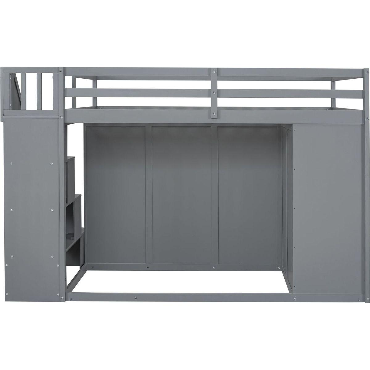 Full Size Wood Loft Bed With Built-in Wardrobes, Cabinets and Drawers, Gray