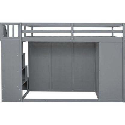 Full Size Wood Loft Bed With Built-in Wardrobes, Cabinets and Drawers, Gray