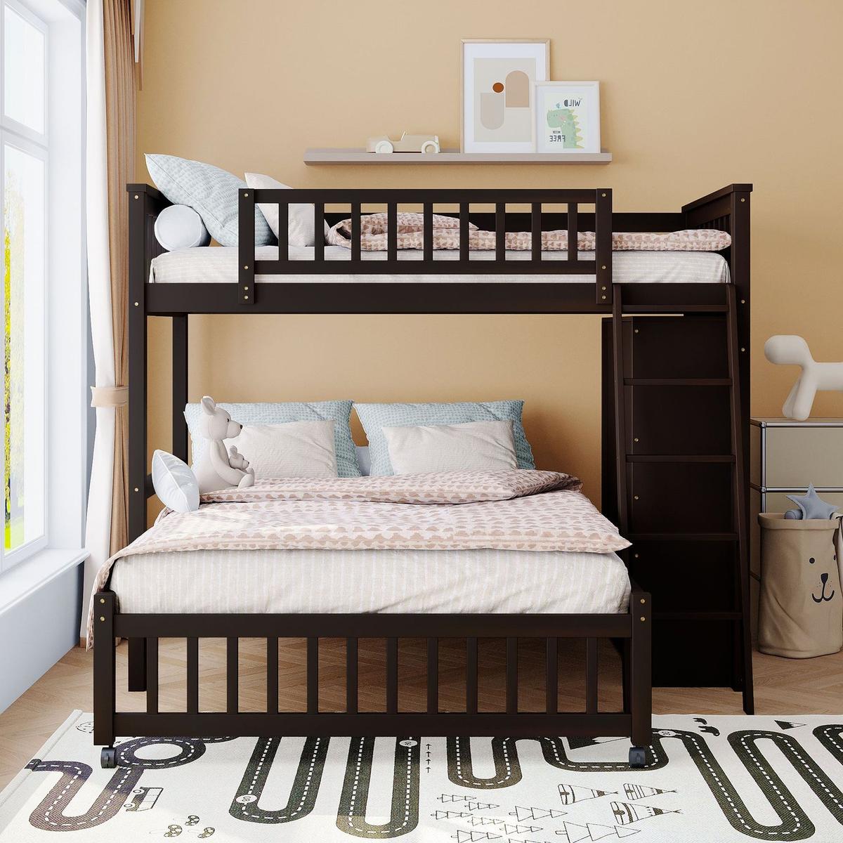 Wooden Twin Over Full Bunk Bed With Six Drawers And Flexible Shelves,Bottom Bed With Wheels,Espresso