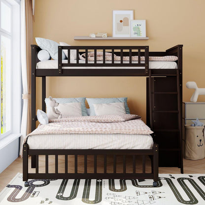 Wooden Twin Over Full Bunk Bed With Six Drawers And Flexible Shelves,Bottom Bed With Wheels,Espresso