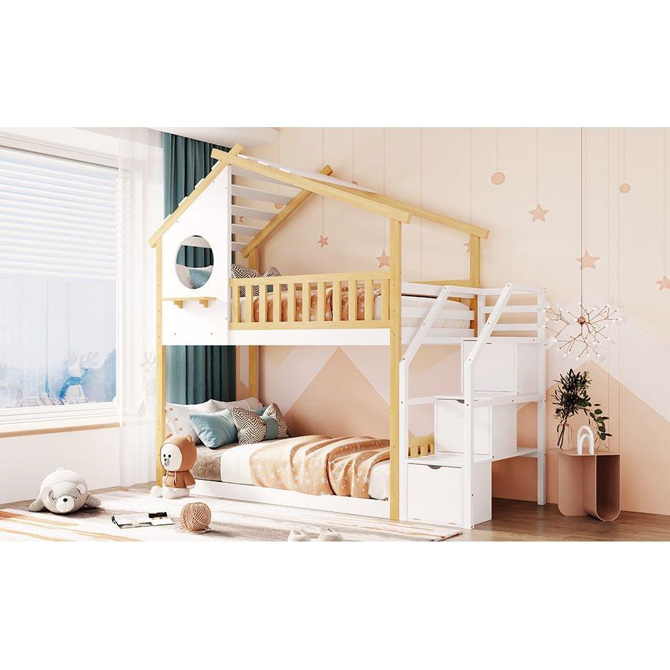 Stairway Twin-Over-Twin Bunk Bed,House Bed,Storage and Guard Rail,Natural Bed +White Stair