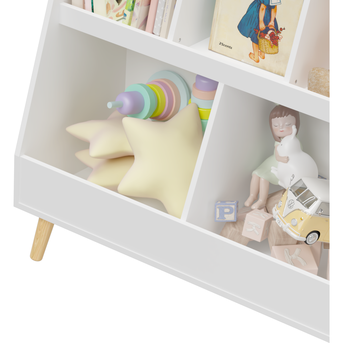 Kids Bookshelf and Toy Organizer, 5 Cubbies Wooden Open Bookcase, 2-Tier Baby Storage Display Organizer with Legs, Free Standing for Playing Room, Bedroom, Nursery, Classroom, White