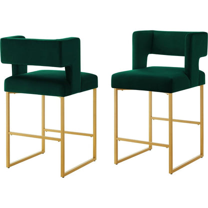 Modern Fashion Counter Height Bar Stools with Unique Square Open Backrest, Set of 2 Versatile Bar Chairs with Sturdy Iron Legs, 26" H Counter Height Chairs for kitchen islands,Jade /Gold