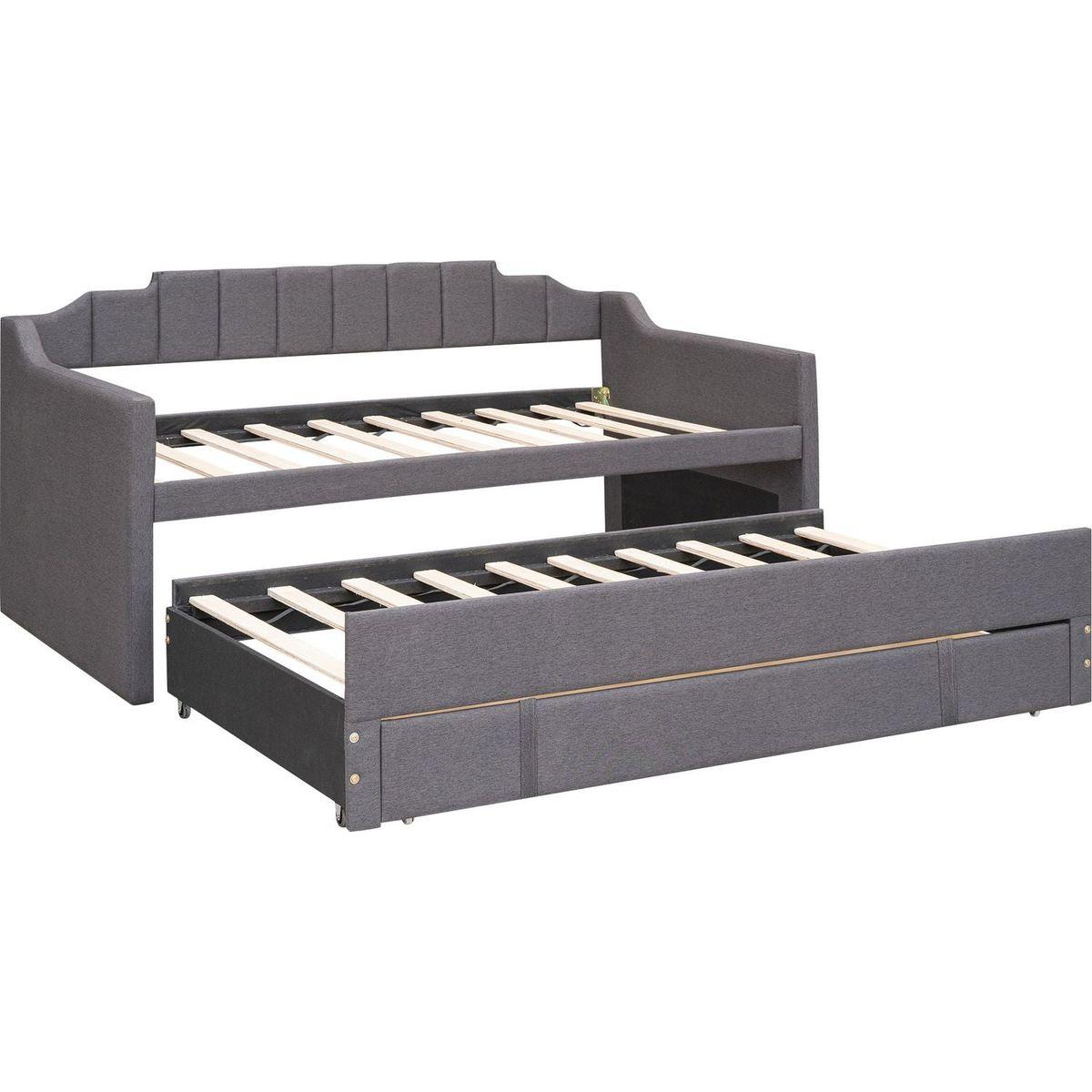 Twin Size Upholstered Daybed with Trundle and Three Drawers,Grey