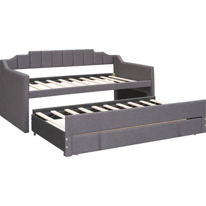 Twin Size Upholstered Daybed with Trundle and Three Drawers,Grey