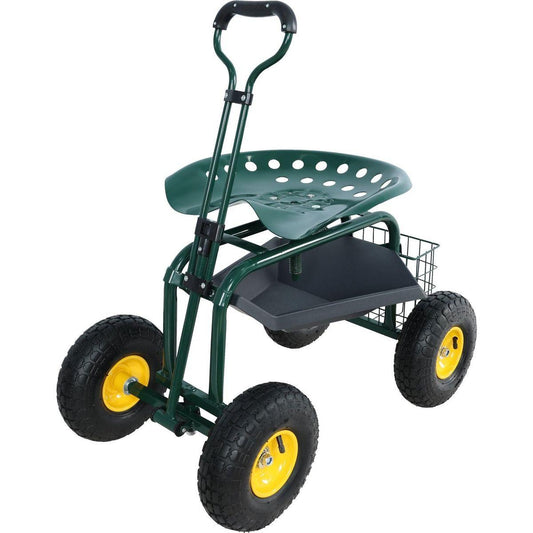 Garden trolley Rolling work chair with wheels, garden stool for planting, 360 degree swivel seat, station wagon scooter with steering handle and utility tray, for yard and outdoors, (green)