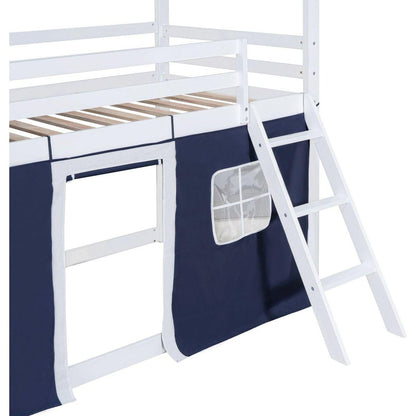 Twin Size Bunk Wood House Bed with Elegant Windows, Sills and Tent, Blue+White