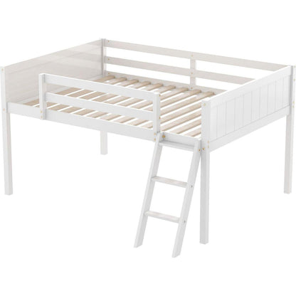 Full Size Wood Low Loft Bed with Ladder, ladder can be placed on the left or right, White(O