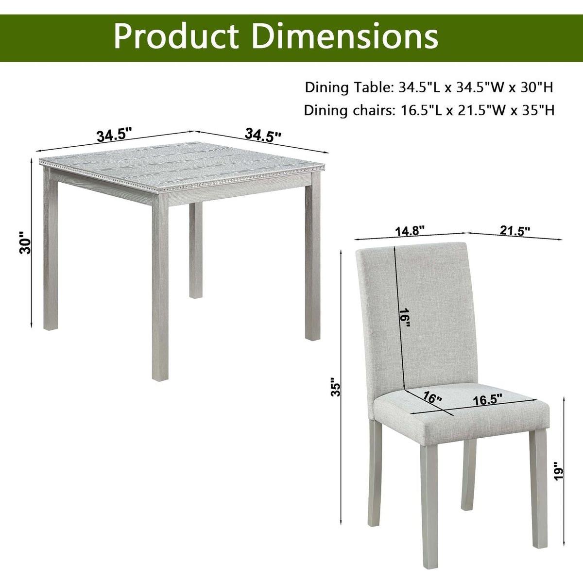 5 Piece Wooden Dining Table Set, Kitchen Table Set with a Square Table and 4 Upholstered Chairs, Wooden Dining Room Table with Crystal Decoration and Chairs Set for Kitchen, Dining Room, Gray