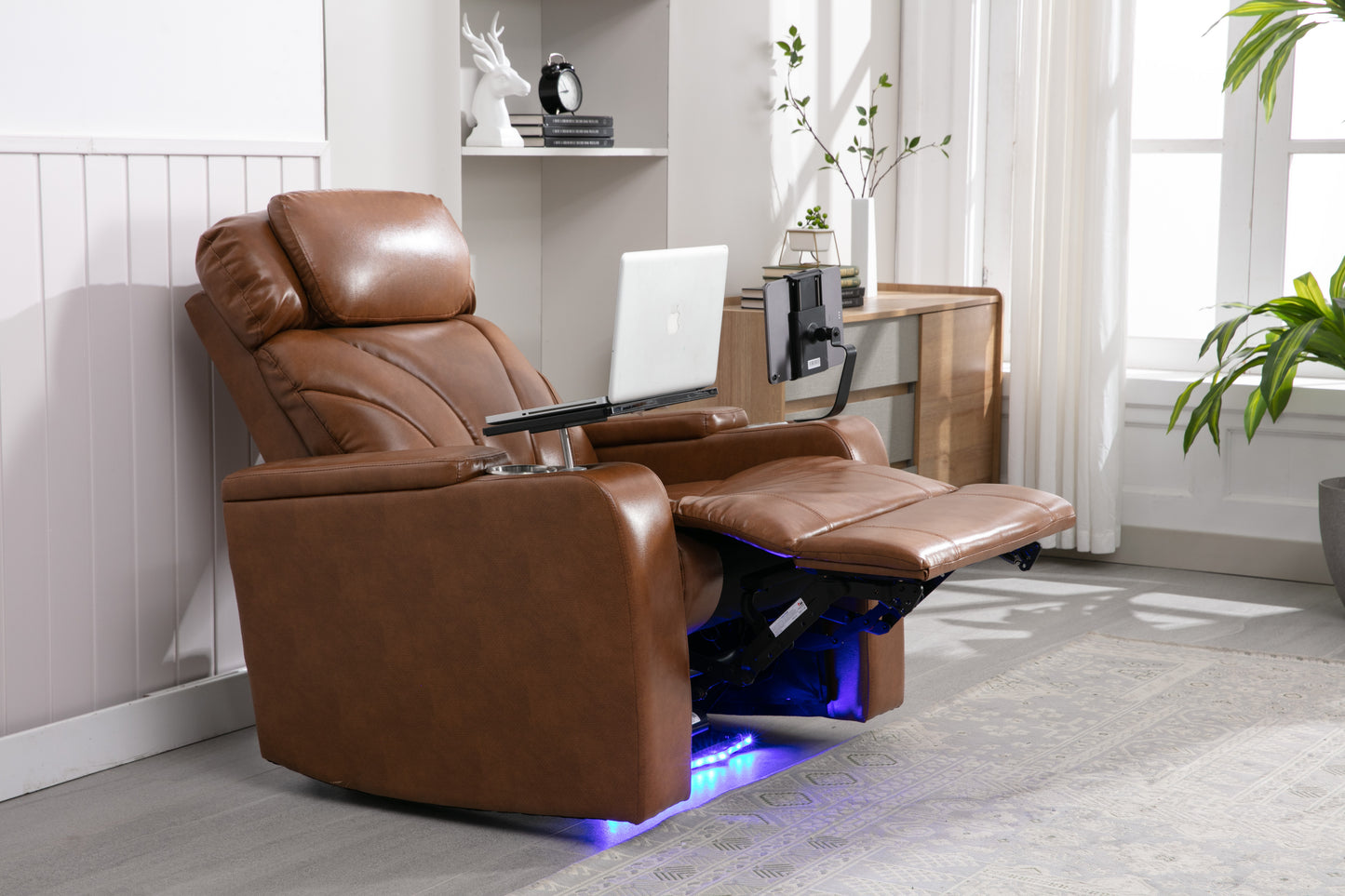 Power Motion Recliner with USB Charging Port and Hidden Arm Storage, Home Theater Seating with Convenient Cup Holder Design, and stereo(Light Brown)