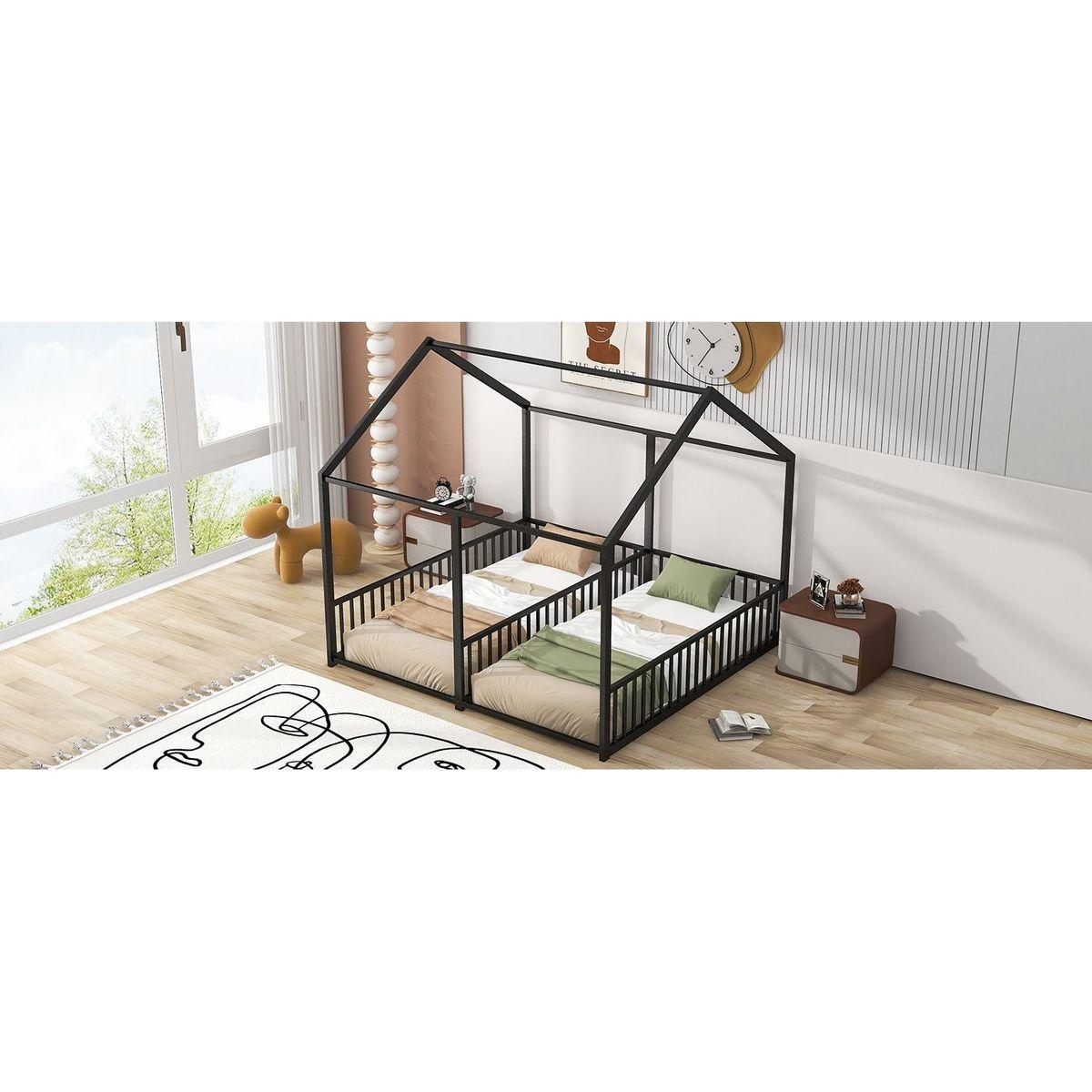 Metal Twin Size House Platform Beds, Two Shared Beds, Black
