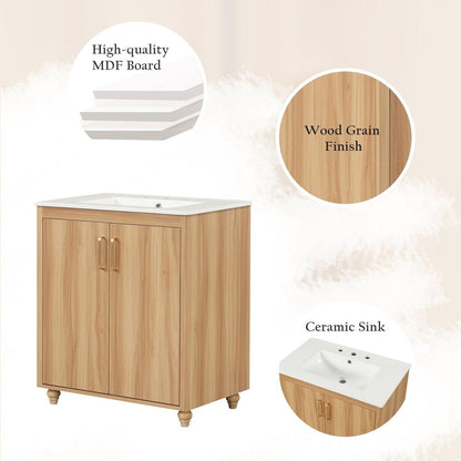 30" Bathroom Vanity with Sink Combo, Multi-functional Bathroom Cabinet with Doors and Drawer, MDF Board, Natural