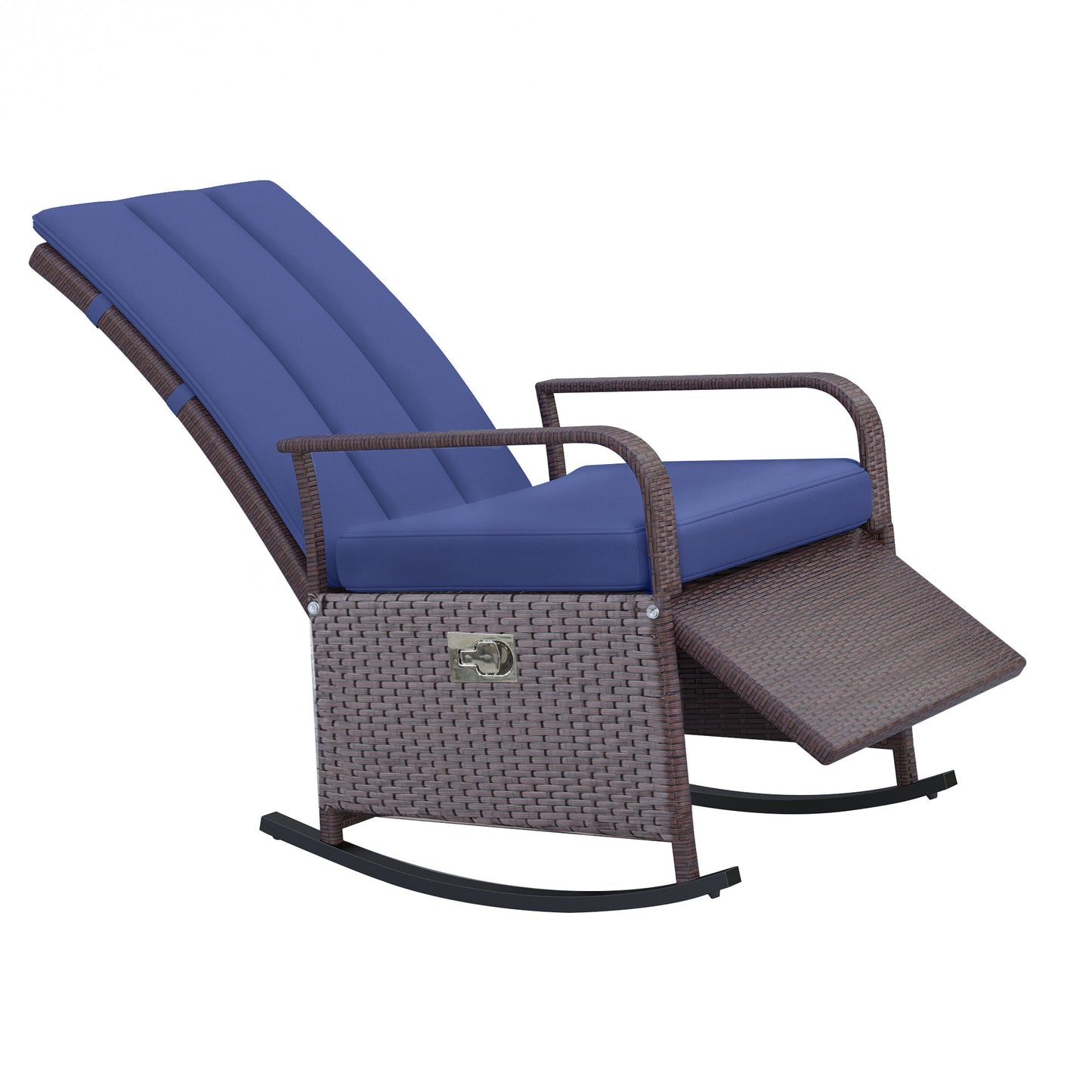 Wicker Outdoor Rocking Chair, Patio Recliner with Adjustment Backrest, PE Rattan Lounge Chair with Adjustable Footrest and Cushions for Garden, Backyard, Porch, Blue