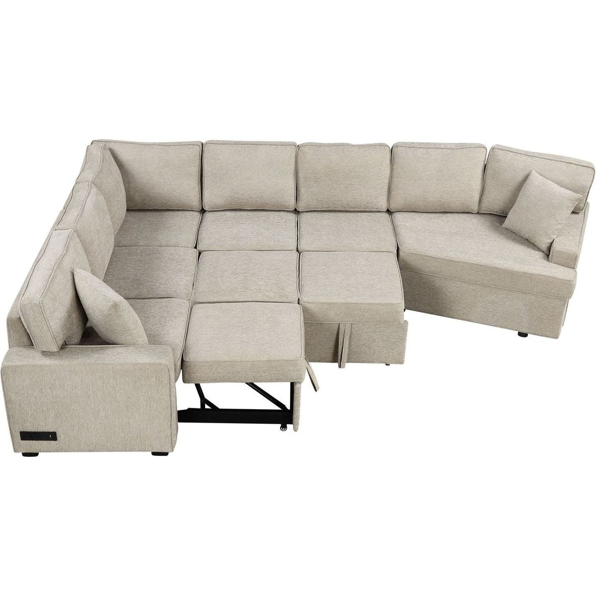 126" L-shaped Sofa Sectional Sofa Couch Pull-out Sofa Bed with Charging Devices and Cup Holders for Living Room, Beige