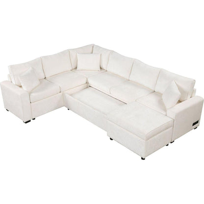 112.2" Sectional Sofa Pull-out Sofa Bed Sleeper with a Storage Ottoman,Three Pillows and Charging Devices for Living Room, Cream