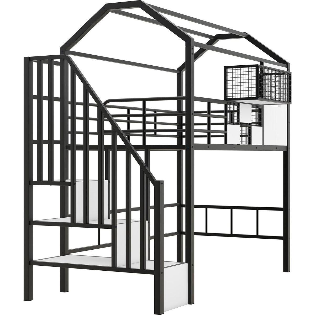 Metal Loft Bed with roof design and a storage box, Twin, Black