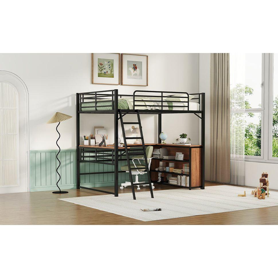 Full Size Metal Loft Bed with 3 Layers of Shelves and L-shaped Desk, Black