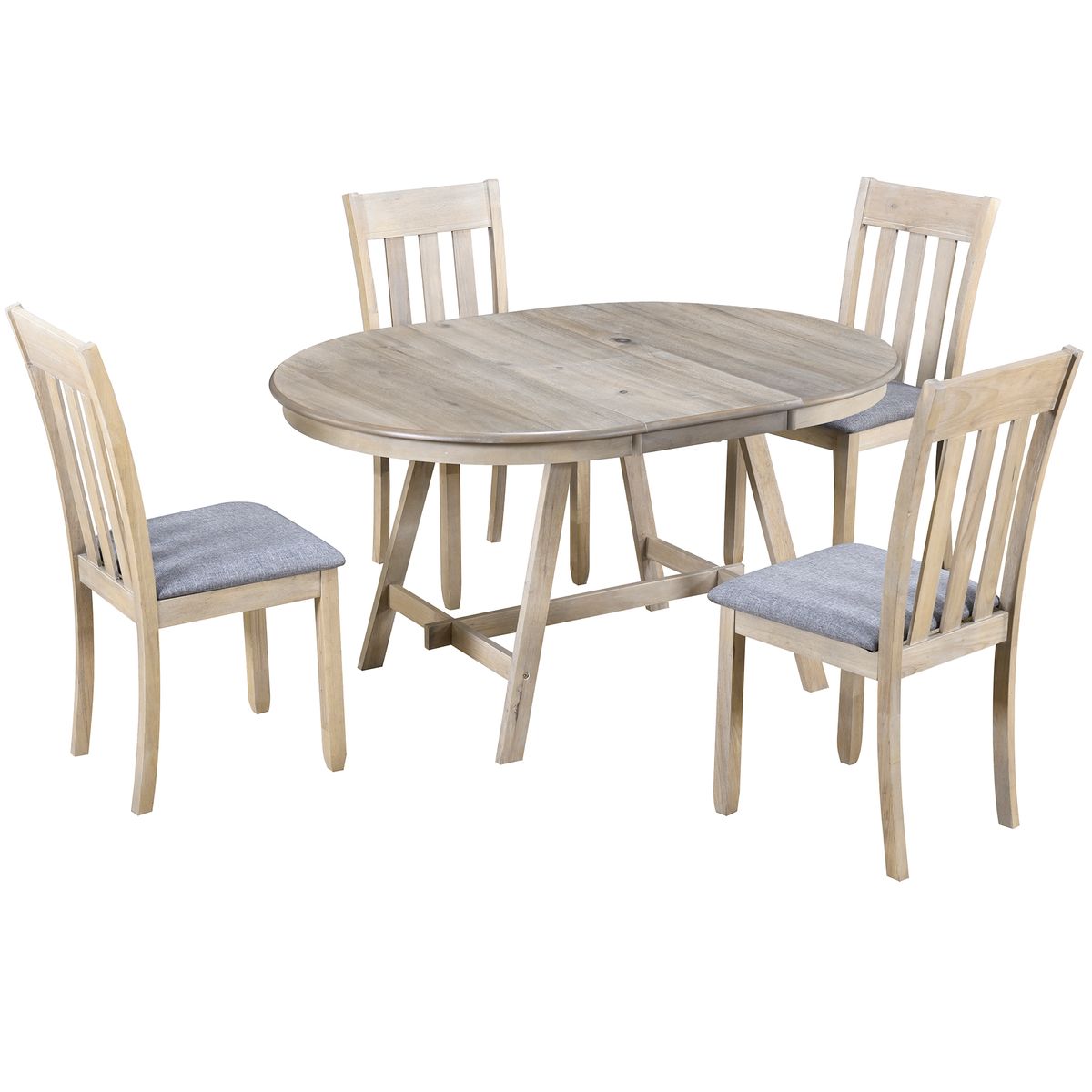 TREXM 5-Piece Wood Dining Table Set Round Extendable with Chairs Natural Wood Wash Solid Wood Construction