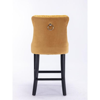 Contemporary Velvet Upholstered Barstools with Button Tufted Decoration and Wooden Legs, and Chrome Nailhead Trim, Leisure Style Bar Chairs,Bar stools, Set of 2 (Golden)