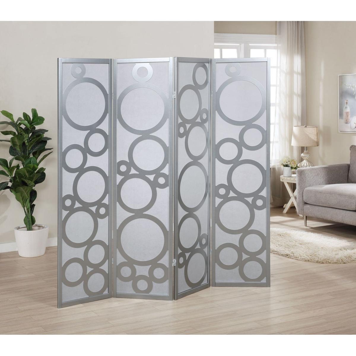 Arvada 4-Panel Wood Room Divider with Circle Pattern, Silver