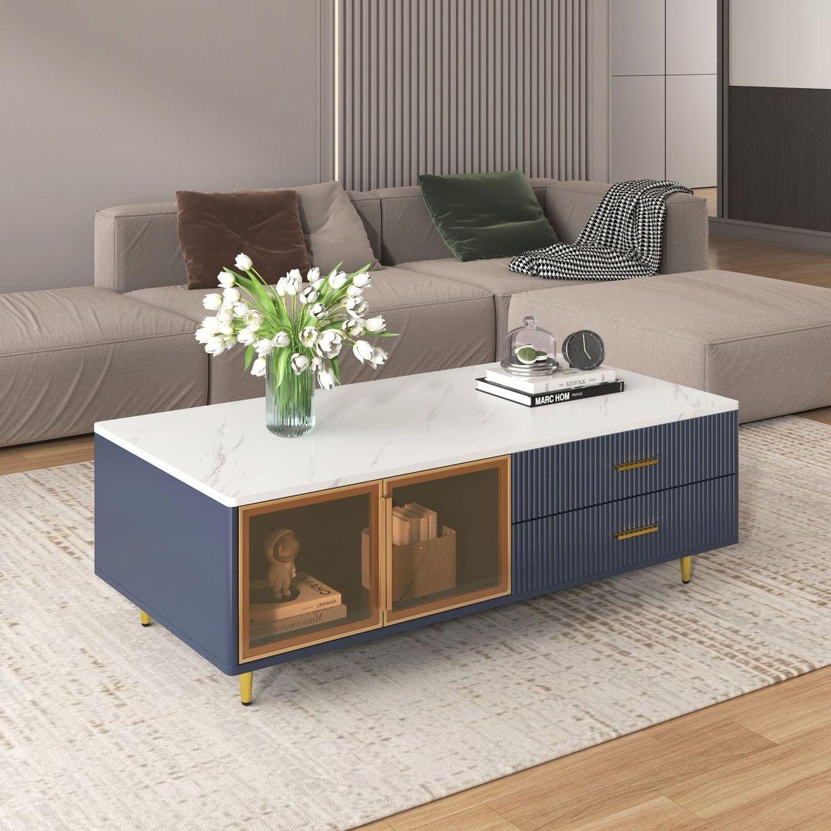 Modern Navy Blue Coffee Table with 2 Glass Door Storage, 4 Drawers, Gold Metal Legs, and Multi-Color Lighting in 47.2"