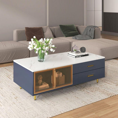 Modern Navy Blue Coffee Table with 2 Glass Door Storage, 4 Drawers, Gold Metal Legs, and Multi-Color Lighting in 47.2"