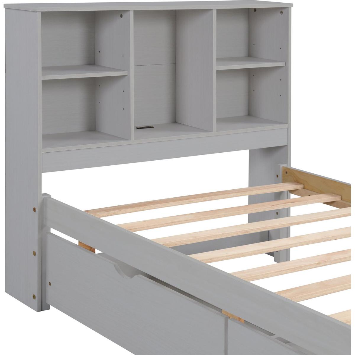 Modern Twin Size Bed Frame With Built-in USB Port on Bookcase Headboard and 2 Drawers for Grey Color