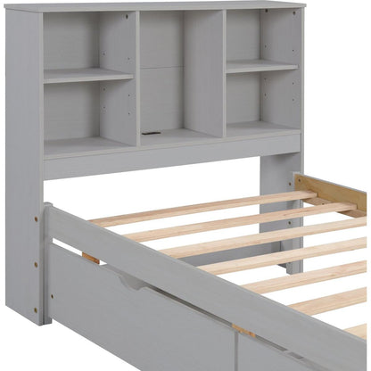Modern Twin Size Bed Frame With Built-in USB Port on Bookcase Headboard and 2 Drawers for Grey Color