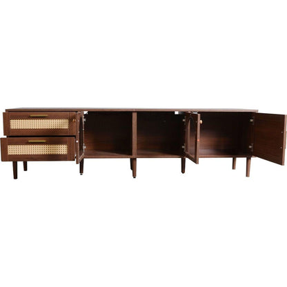 Rattan TV Stand with 3 Cabinets & 2 Drawers, Rattan-inspired Media Console Table for TVs up to 80", LED Light Entertainment Center, TV cabinet for Living room, Bedroom, Home Theatre - Streamdale Furniture