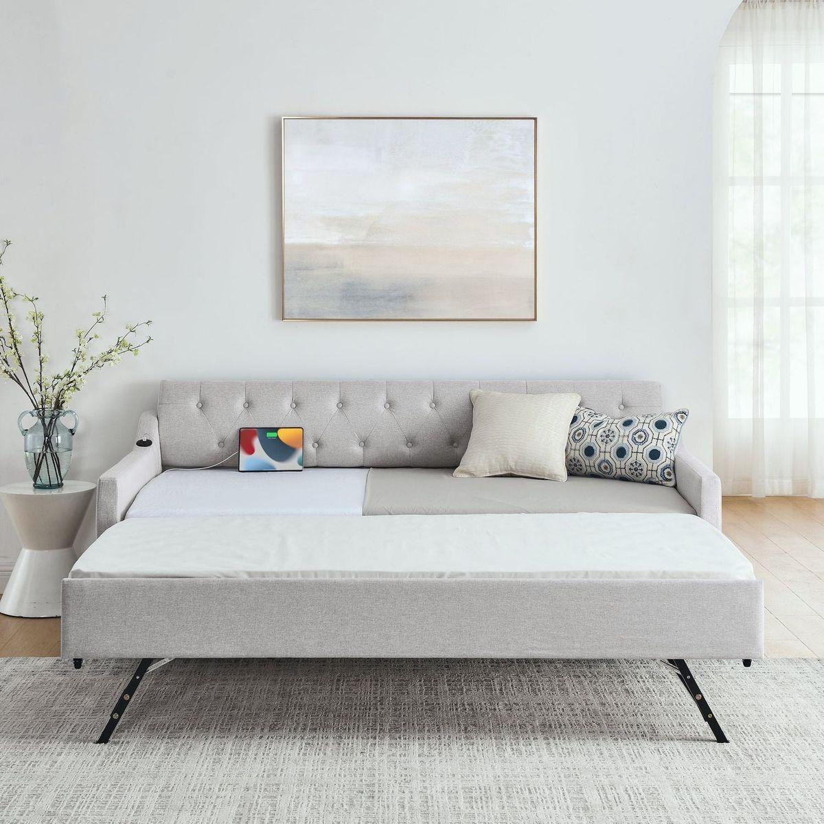 Twin Size Upholstery DayBed with Twin Size Erectable Trundle and USB Charging Design, Linen Beige